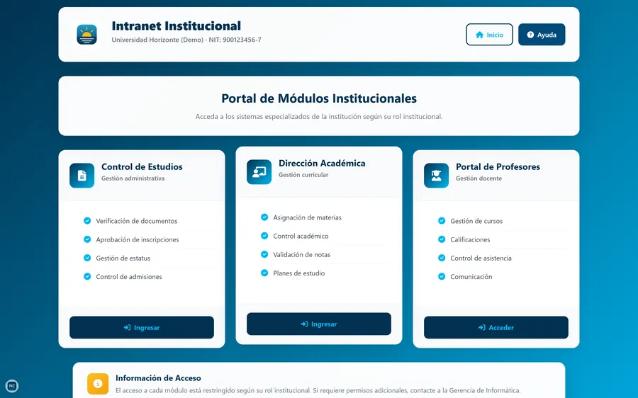 Portal de módulos institucionales con Control de Estudios, Dirección Académica y Profesores