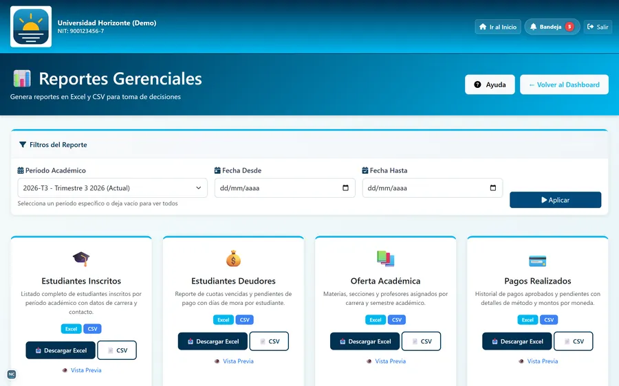 Reportes gerenciales en Excel y CSV: inscritos, deudores, oferta académica y pagos