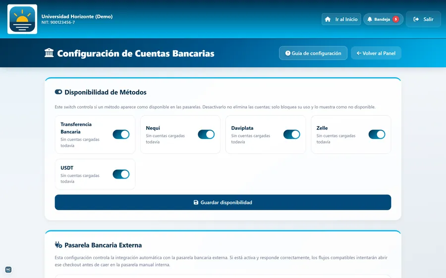Configuración de métodos de pago y pasarela externa