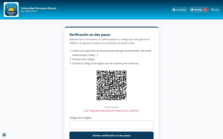 Activación de la verificación en dos pasos con código QR