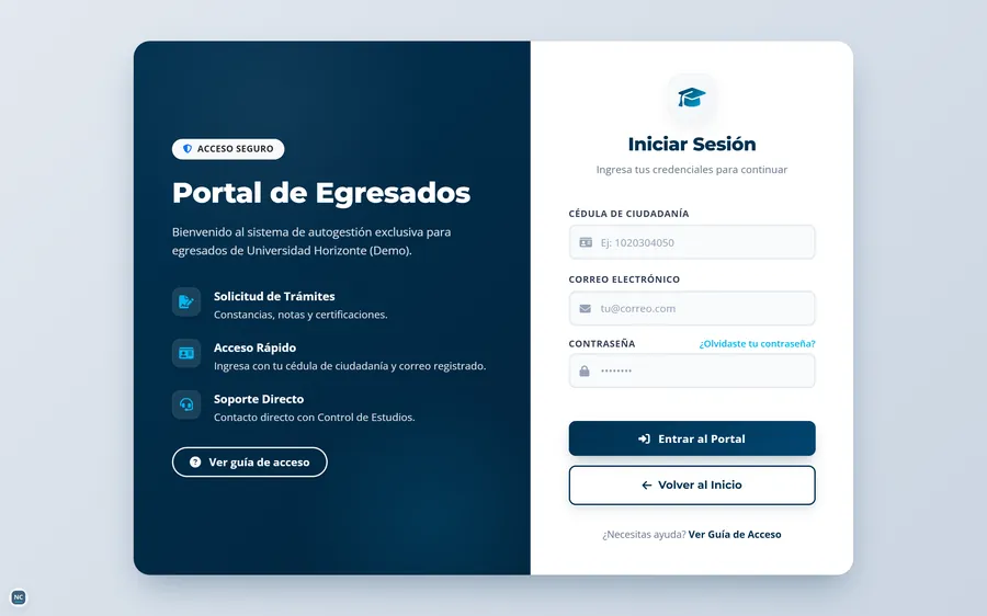 Pantalla de acceso al Portal de Egresados de Universidad Horizonte