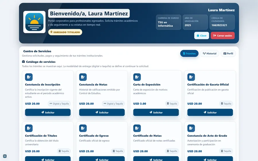 Portal de Egresados de Laura Martínez con su carrera, año de graduación y catálogo de trámites
