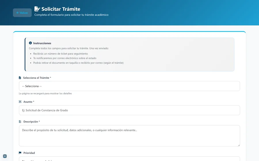 Formulario para solicitar un trámite en el Portal de Egresados