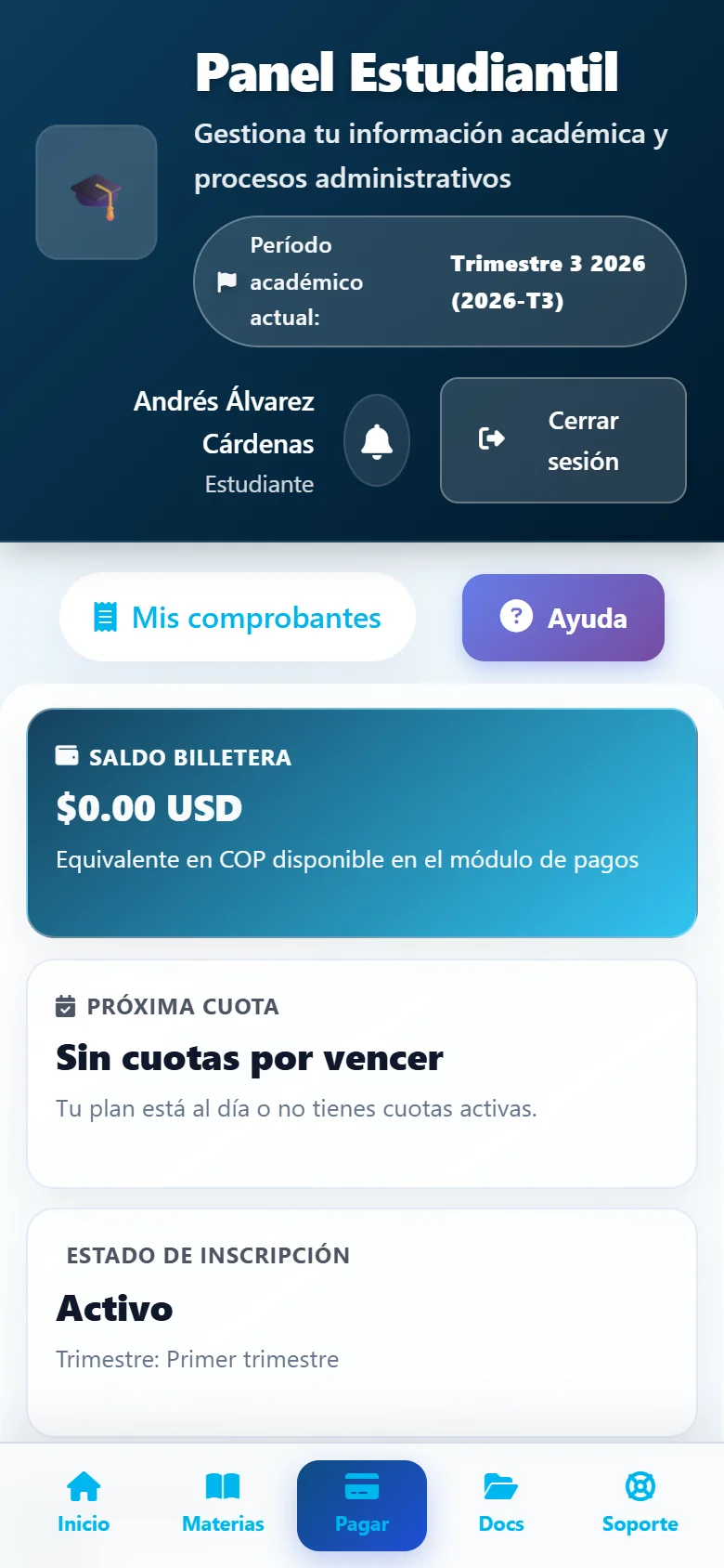 Panel del estudiante en el celular
