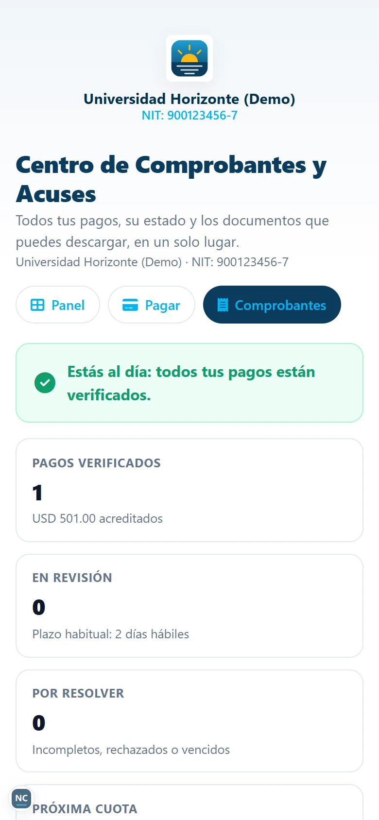 Centro de comprobantes en el celular