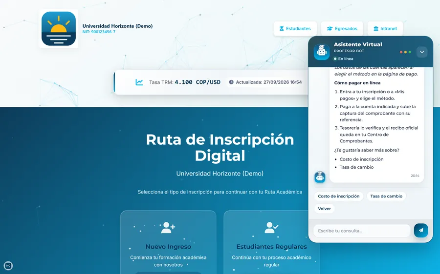 Página de inicio de Universidad Horizonte con la tasa TRM del día y el asistente virtual explicando cómo pagar en línea