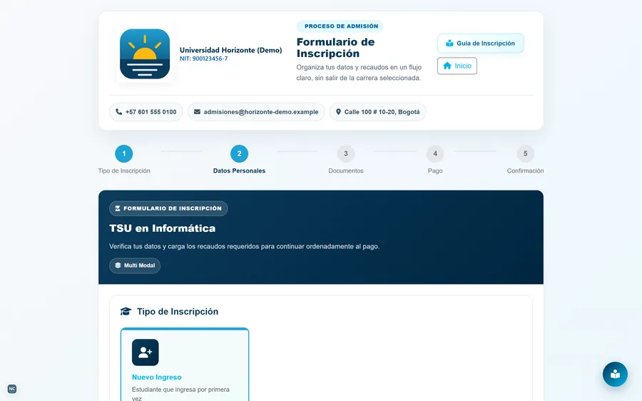 Formulario de inscripción con indicador de pasos para un aspirante