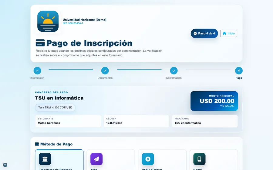Página de pago con métodos de Colombia y monto en pesos