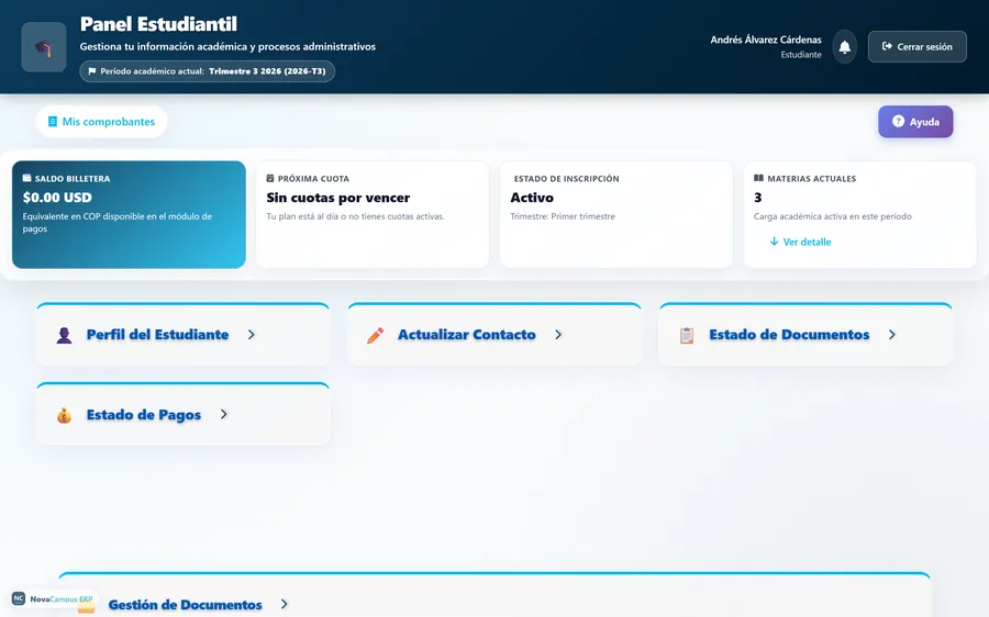 Panel estudiantil con saldo de billetera, próxima cuota, estado activo y tres materias actuales