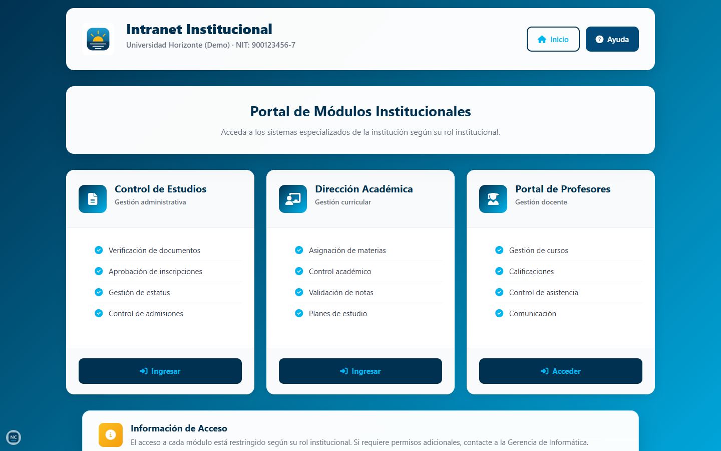 Portal de módulos institucionales con Control de Estudios, Dirección Académica y Profesores