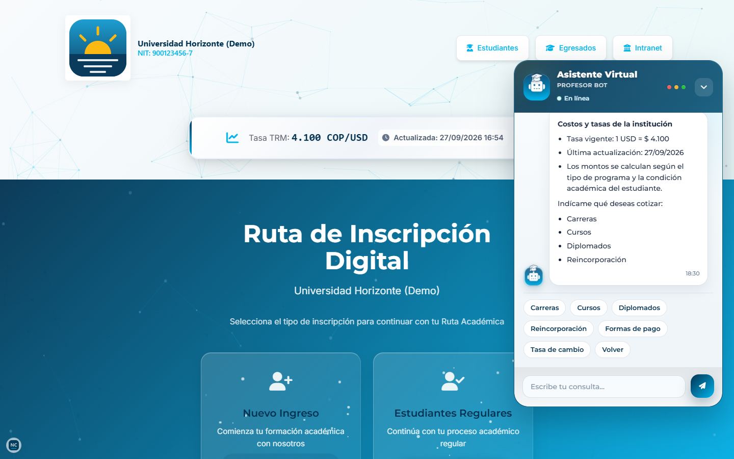 Página de inicio de Universidad Horizonte con el asistente virtual abierto mostrando costos y tasa de cambio