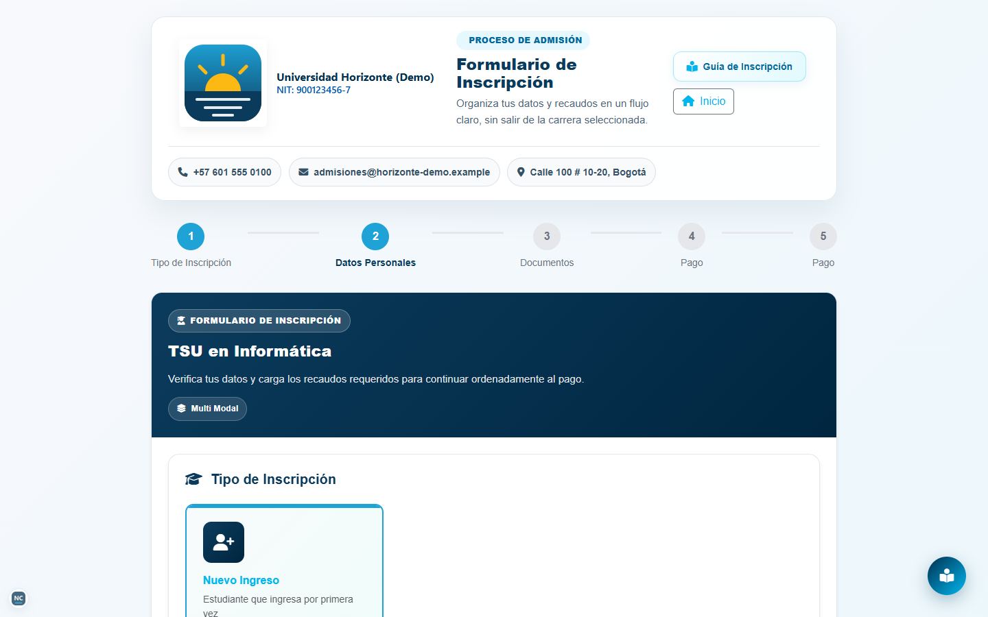 Formulario de inscripción con indicador de pasos