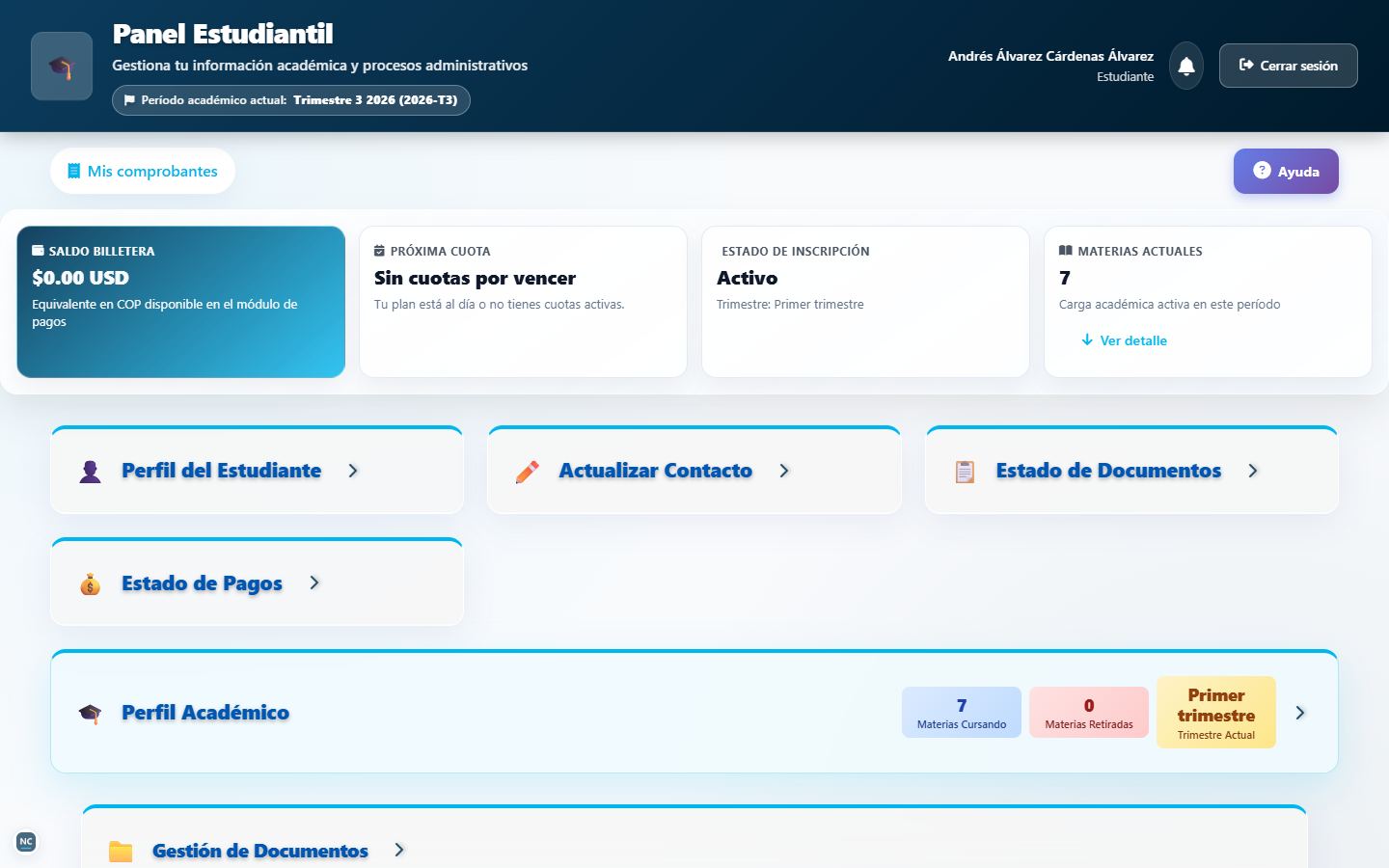 Panel del estudiante