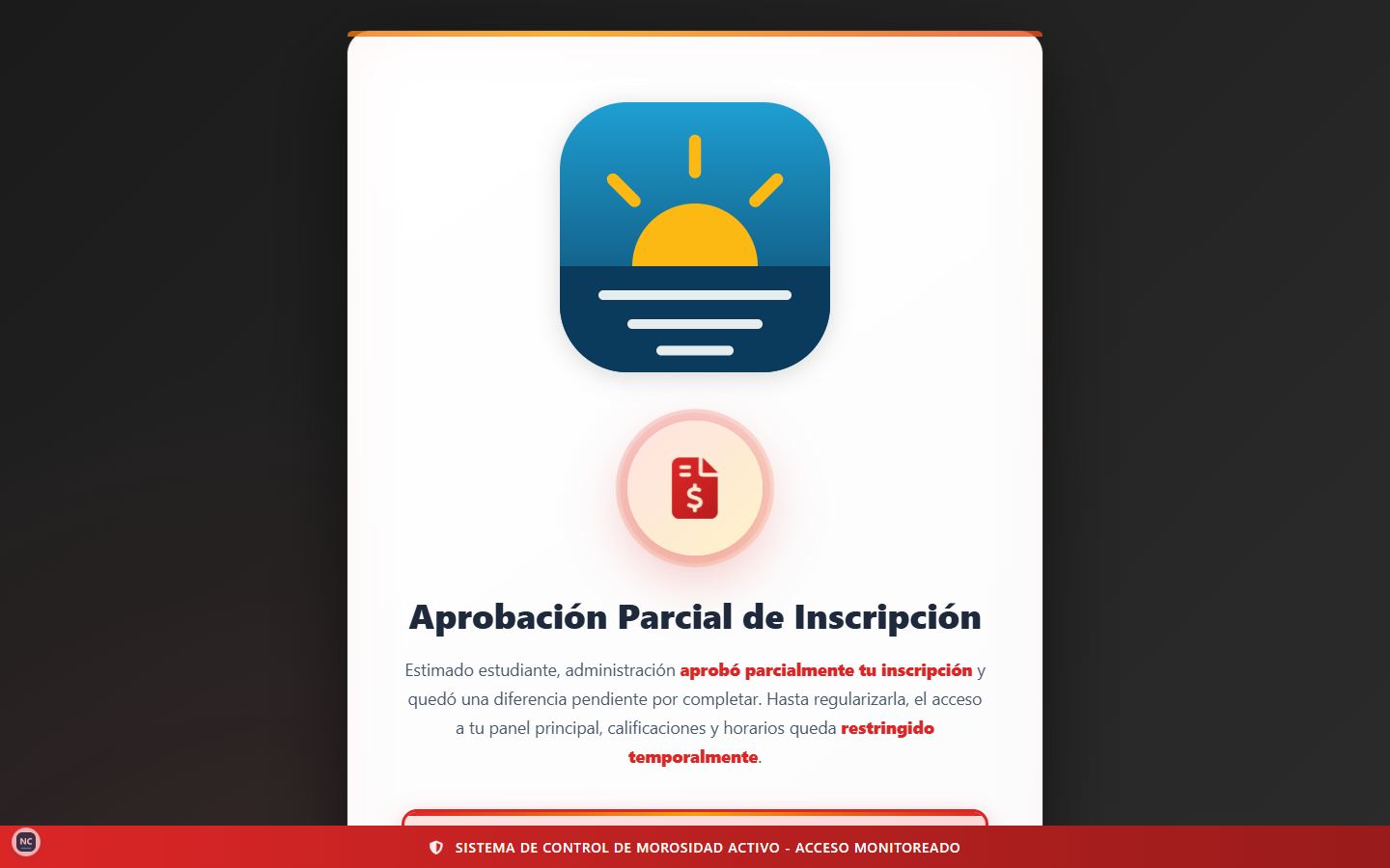 Pantalla de aprobación parcial de inscripción
