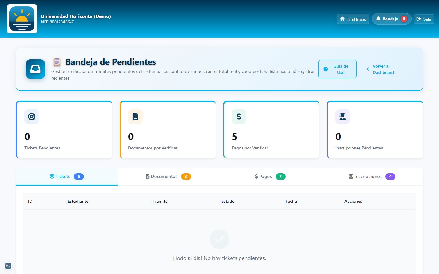 Bandeja de pendientes con tickets, documentos, pagos e inscripciones