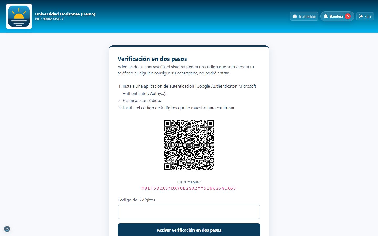 Activación de la verificación en dos pasos con código QR