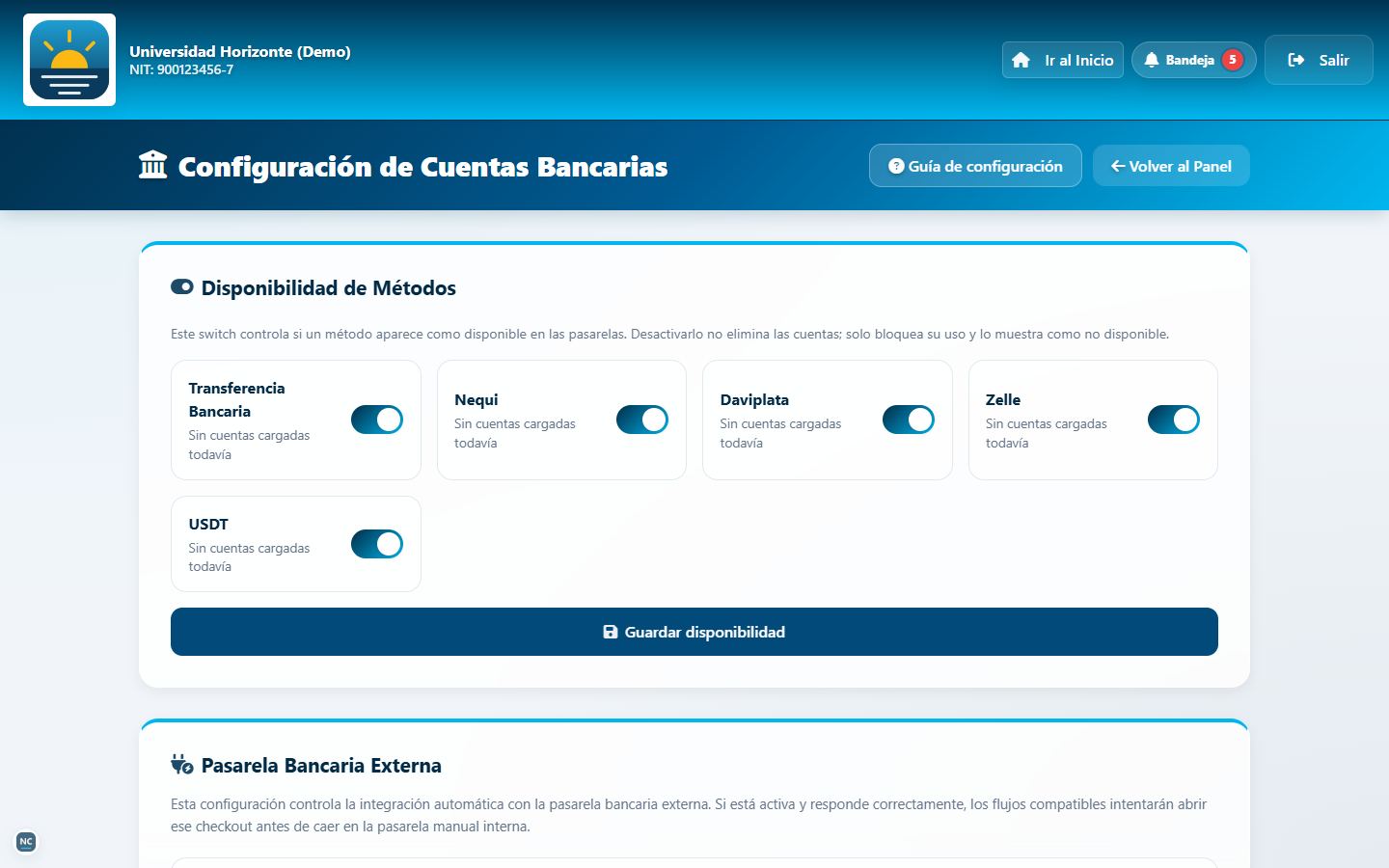 Configuración de métodos de pago y pasarela externa