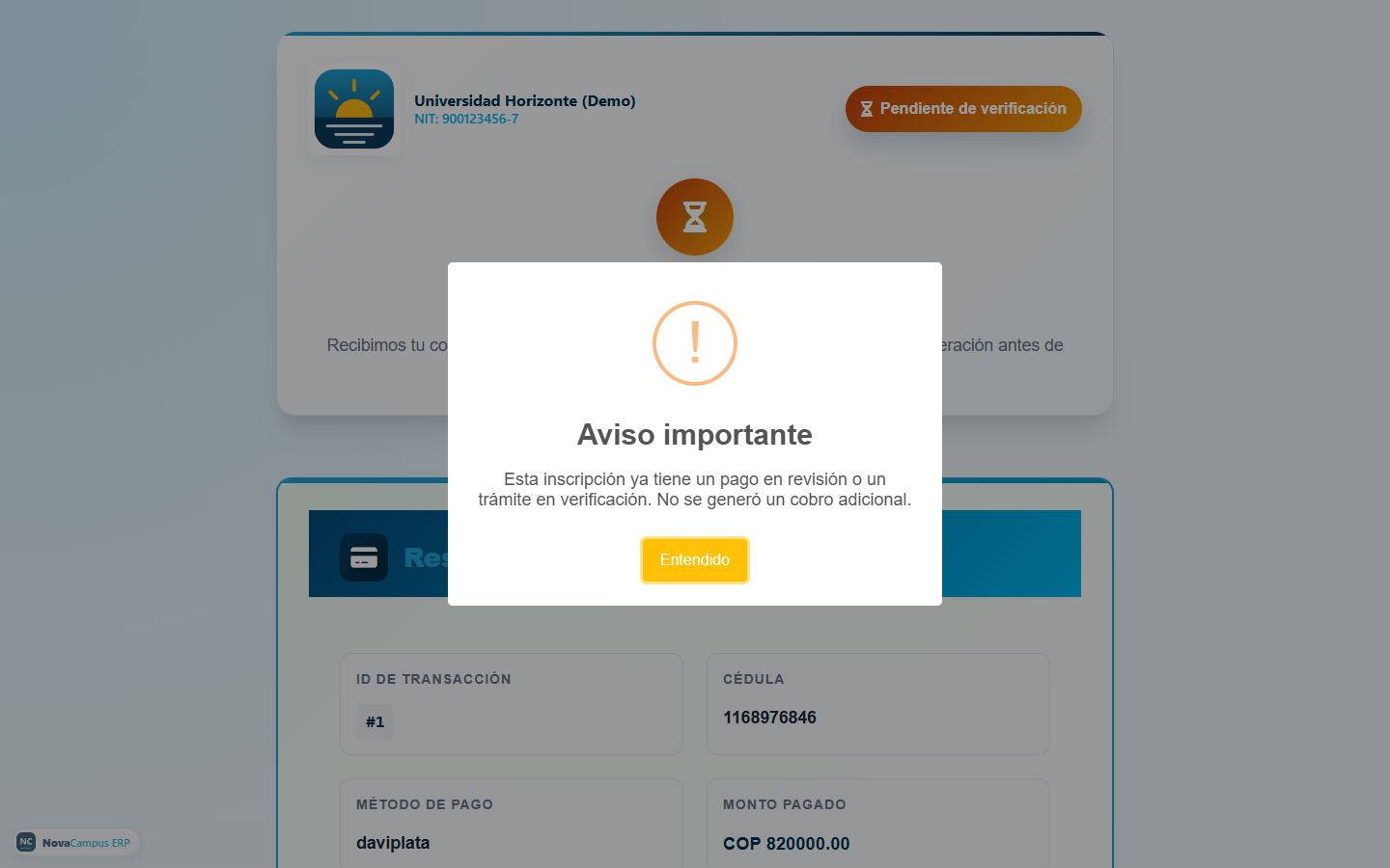 Página de pago con aviso de pago en revisión