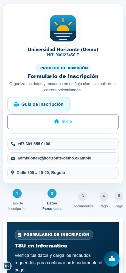 Formulario de inscripción en el celular
